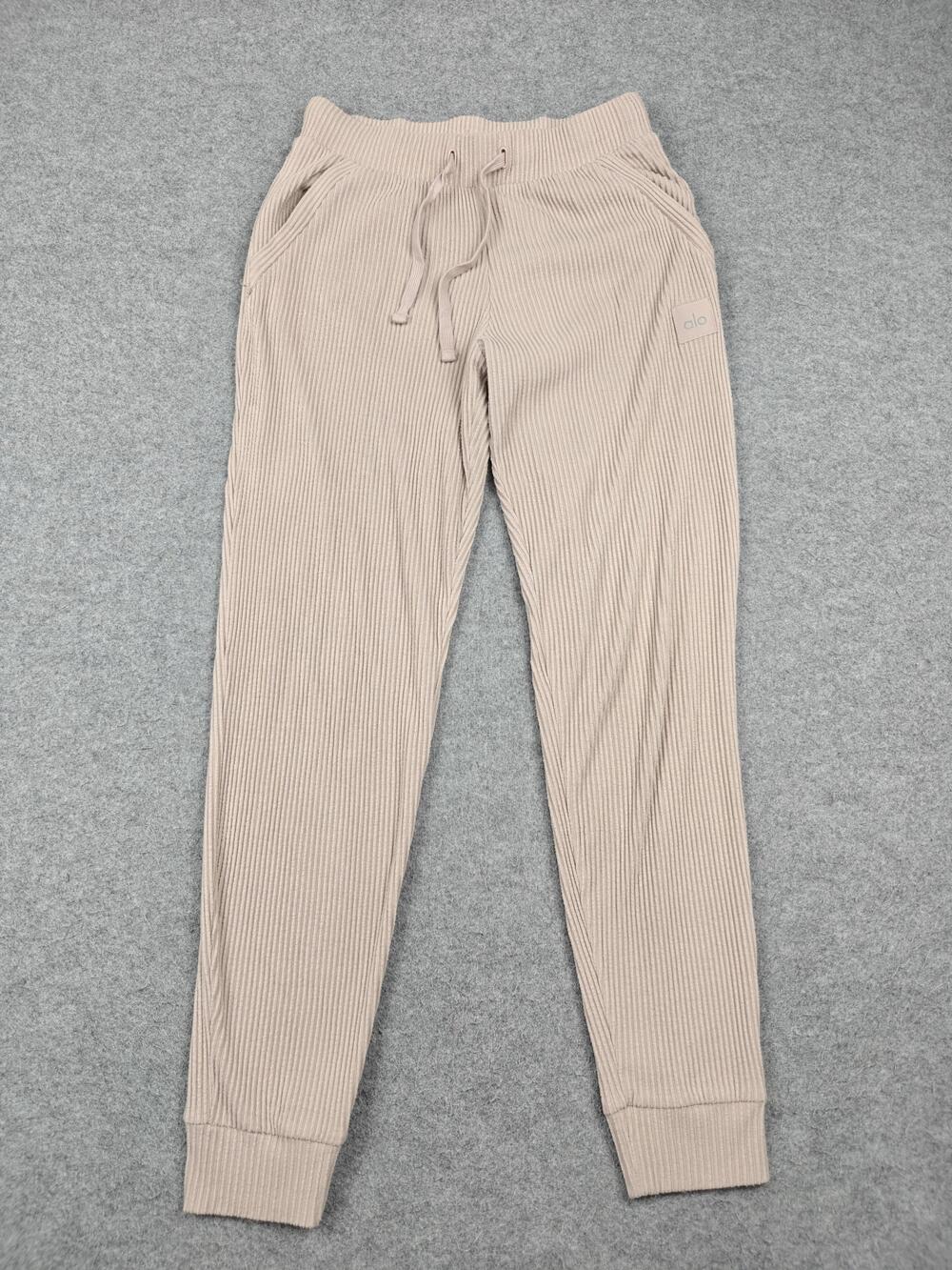 Alo Yoga Pants Womens M Beige Ribbed Jogger Drawstring Pockets Yoga Slim Knit
